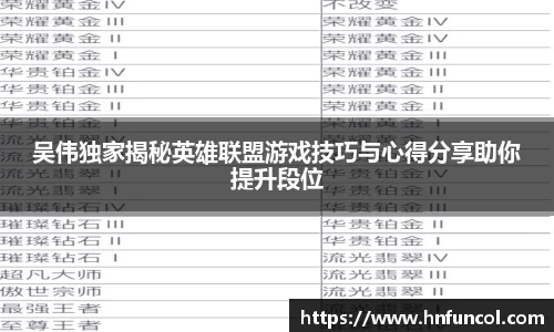 吴伟独家揭秘英雄联盟游戏技巧与心得分享助你提升段位